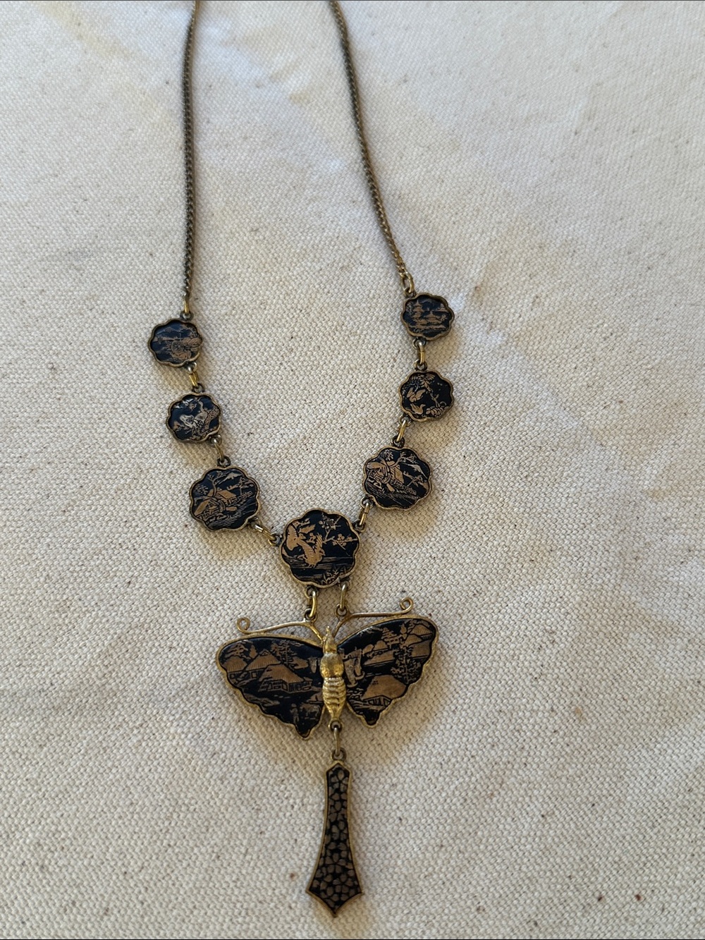 Vintage Japanese Damascene Butterfly Pendant Necklace